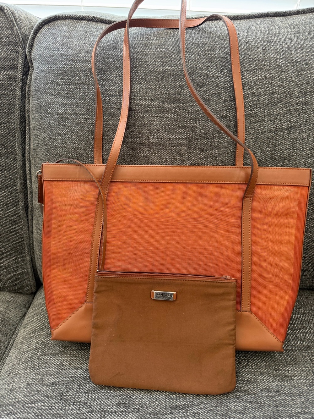 Loewe Orange Mesh Tote with Brown Leather Trim and Removable Pouch